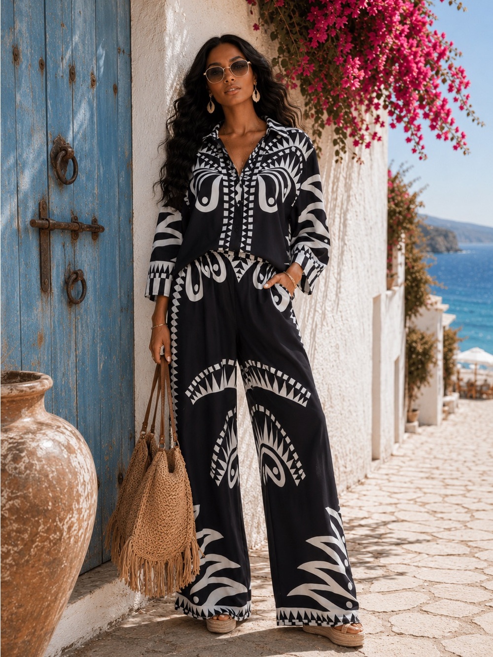 Black & White Printed Wide-Leg Pants Set